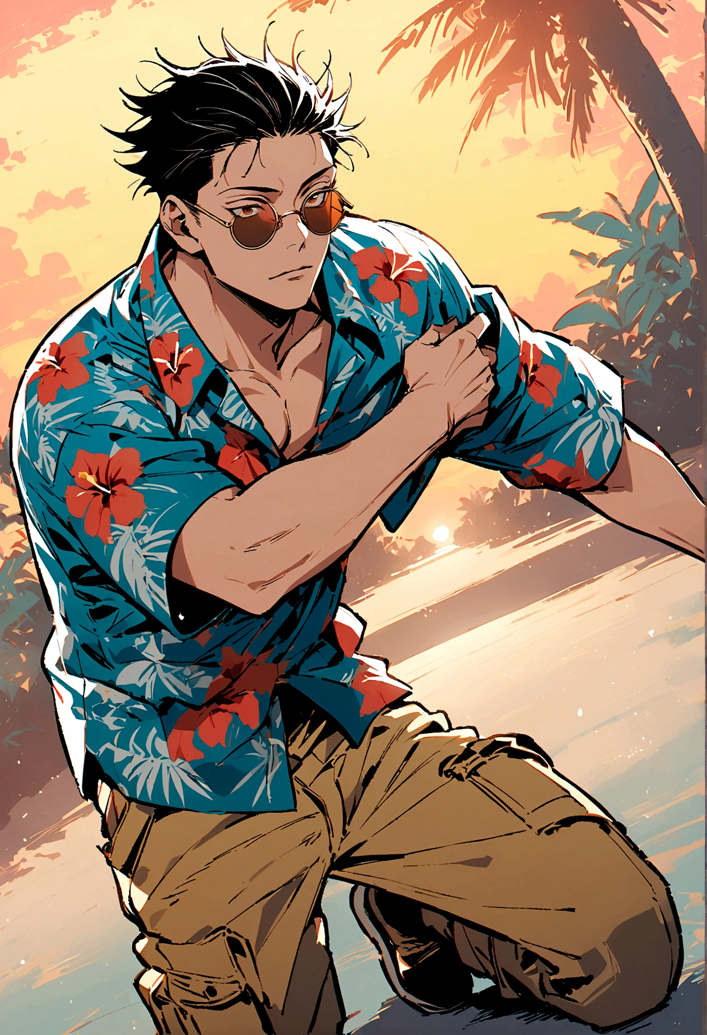 (1boy,jujutsu kaisen),black hair, Hawaiian shirt,heatwave round lens sunglasses,brown eyes, cargo pants, light tan skin, artwork