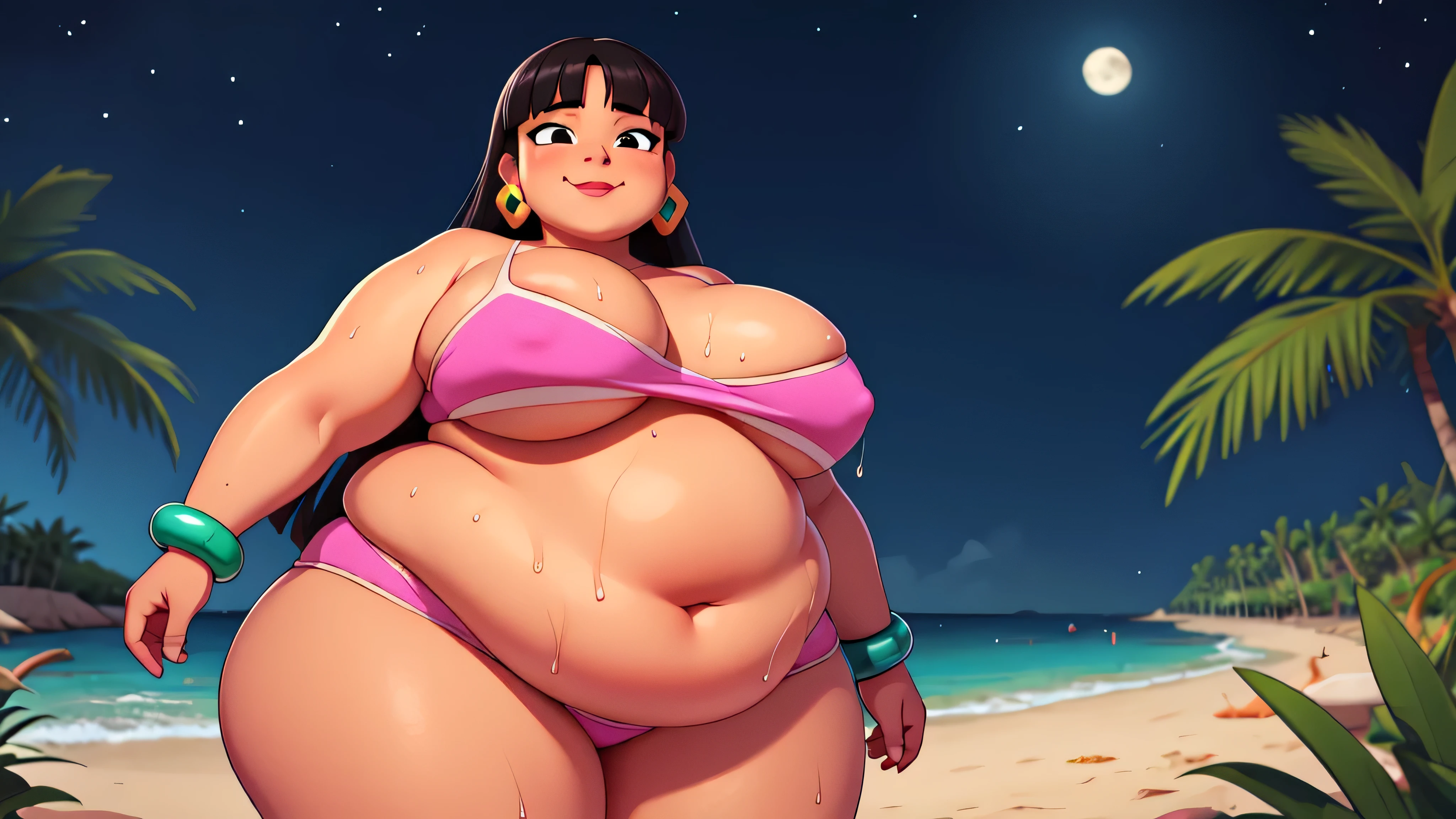 (work of art:1.2, best qualityer:1.2, dark ambient:1.1), SSBBW, Giant breasts, thunder thighs, soft, 1 girl, standing alone, Chel, Bblack hair, long hair, hombus stripe, eyes browns, darkskin, lipstick, breasts big, Broad Hips, top of the tube, neckleace, bared shoulders, emerald earrings, emerald bracelets, looking at the camera with a smug expression on his face, beach background, very large body, fat belly rolls, big breasts, sexy smile, fat arms, thunder thighs, super fat, looking at viewer, wet clothes, sweating very hard, sexy looking, blob, night beach, céu estrelado, night, very dark ambient, pov, sexy ambient, small girl