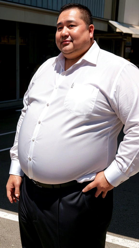 high quality,ultra detailed,best quality,Fat man,50 years old,detailed face,white business shirt transparent with sweat,Black slacks,Cowboy shot,Sweaty,chubby,cityscape,hands on own hip,