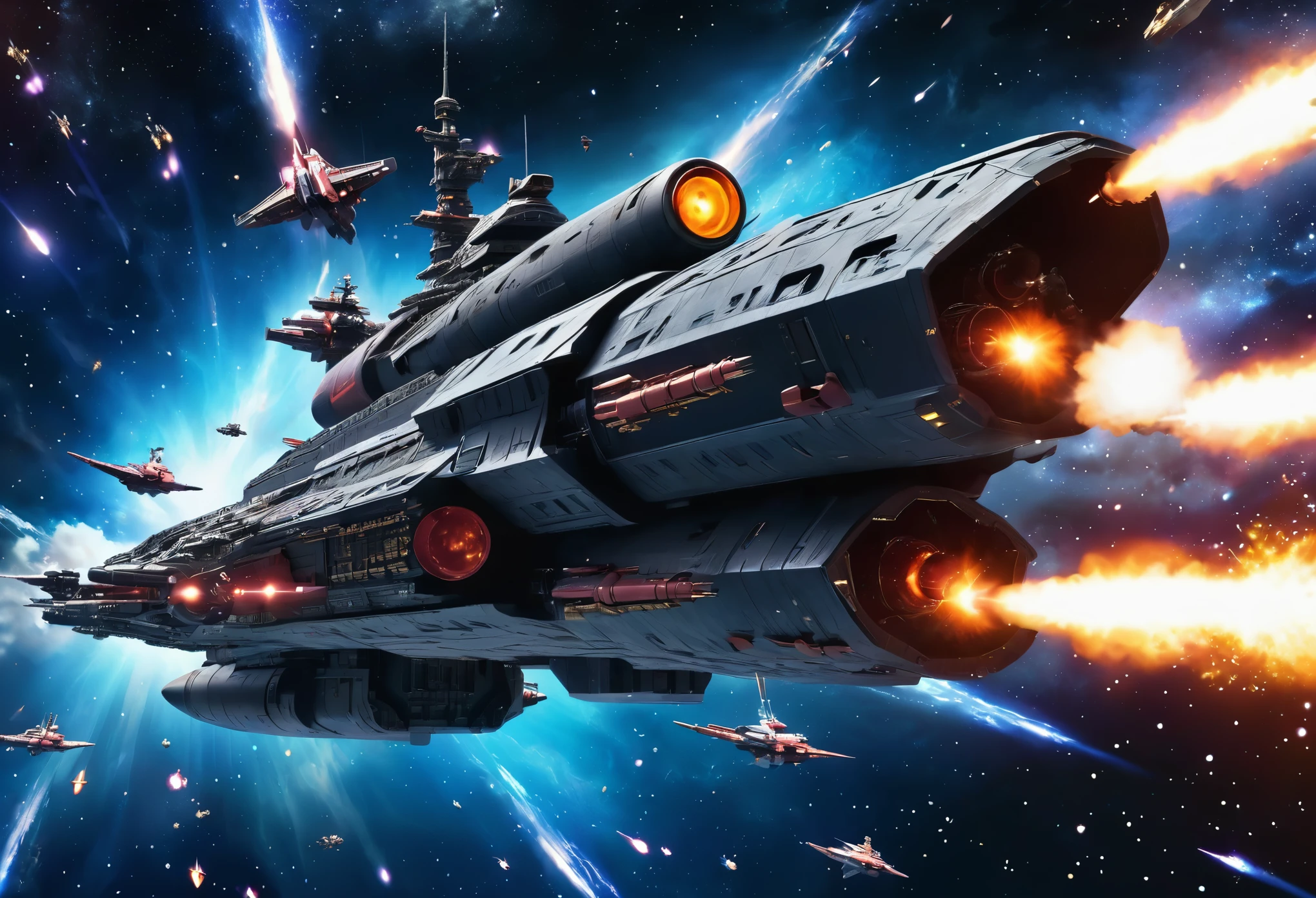 Insanely detailed Space Battleship Yamato, firing main guns, flying through a nebula in space. Perfect composition. Elaborate background. Professional photography, bokeh, natural lighting, canon lens, shot on dslr 64 megapixels sharp focus