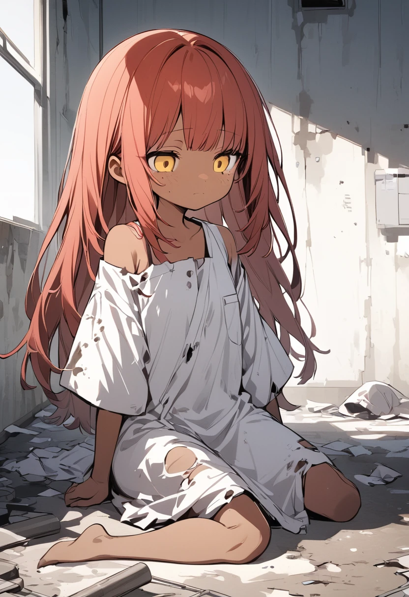 full body,1 girl, Android girl, (cute:1.3),red Hair, long hair,left eye yellow, right eye blus, tan skin, freckles, {Bare shoulders, oversized torn hospital gown, old, dirty material, emotionless eyes, sad face, no shoes, abandoned hospital 
