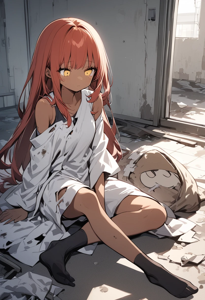 full body,1 girl, Android girl, (cute:1.3),red Hair, long hair,left eye yellow, right eye blus, tan skin, freckles, {Bare shoulders, oversized torn hospital gown, old, dirty material, emotionless eyes, sad face, no shoes, abandoned hospital 
