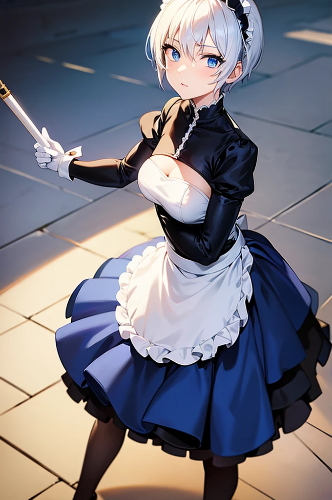 anime woman with short, white hair and blue eyes, holding a musical conductor's baton, anime woman in a maid costume, white gloves.