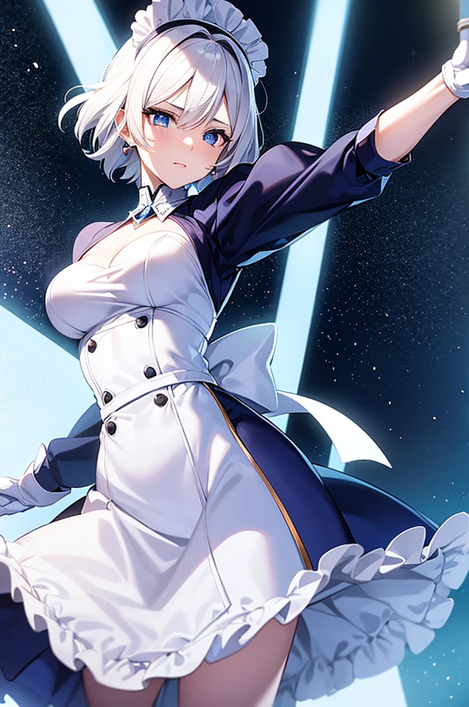 anime woman with short, white hair and blue eyes, holding a musical conductor's baton, anime woman in a maid costume, white gloves.