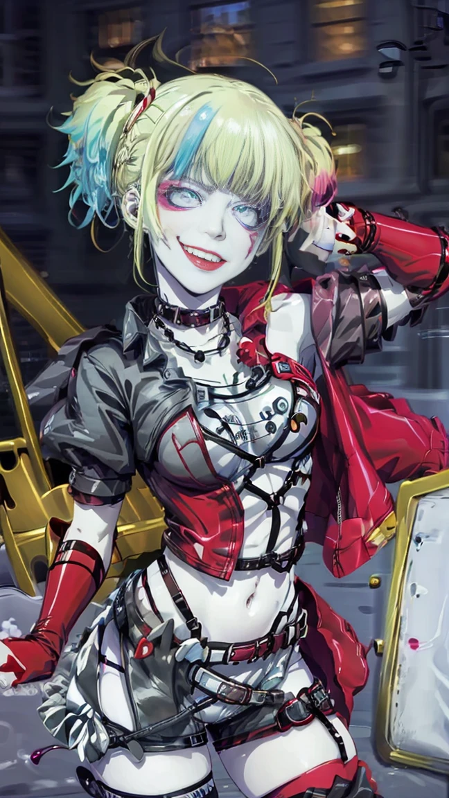 masterpiece, Best quality, A high resolution, 1 girl, hair braided in two short ponytails, very detailed eyes, Fine detail, Correct anatomy 1.1., Harley Quinn from Suicide Squad, open jacket with short sleeves shorts studded belt mesh belt chain gloves bracelet hand on hip, smile, woman, adult girl, real photos、smile, tmasterpiece, (pink kimono), seductive face, Ideal girl, perfect details, Ultra HD |, 8 k, professional photo, anime style,