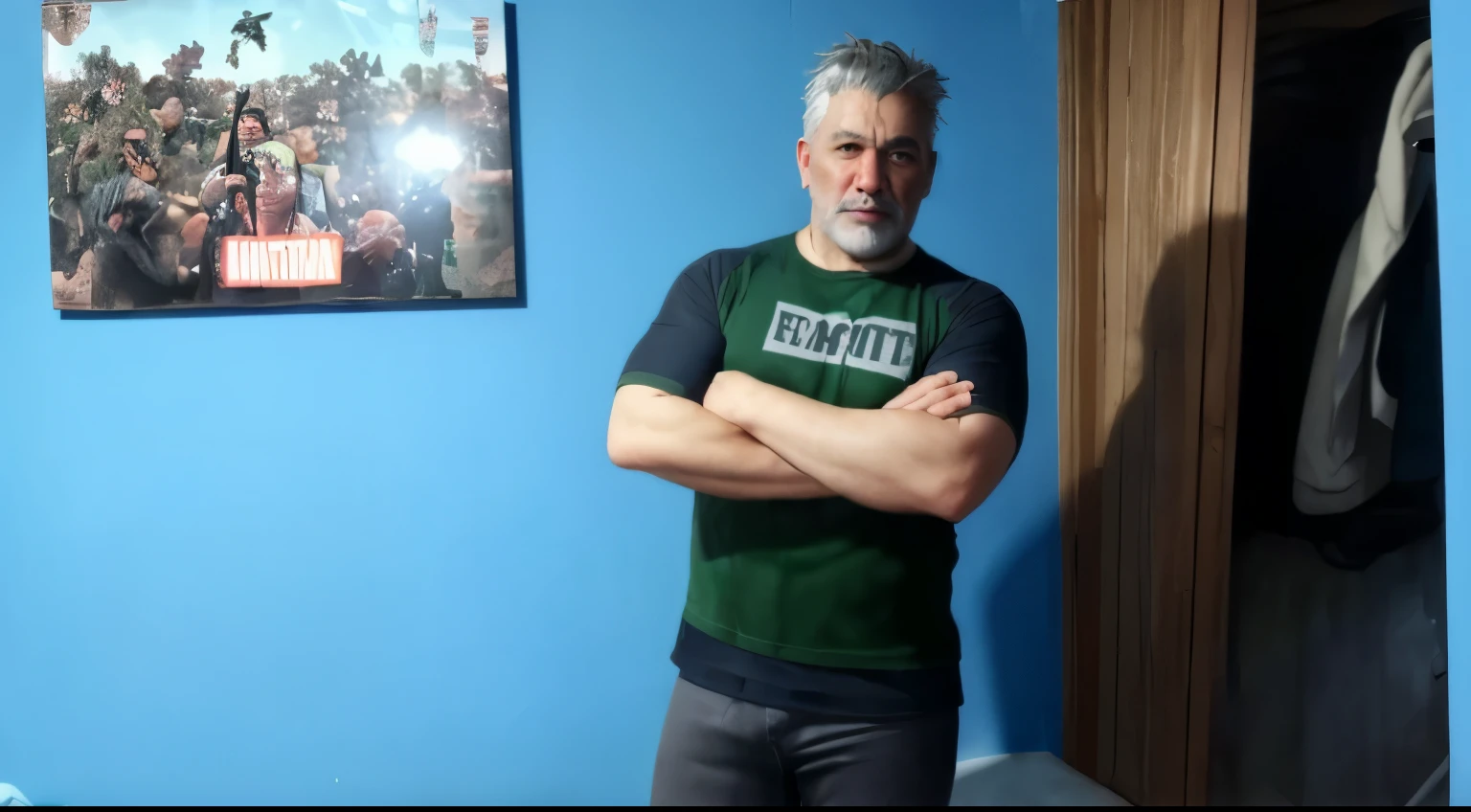man with gray hair, 40 years, hefty body,