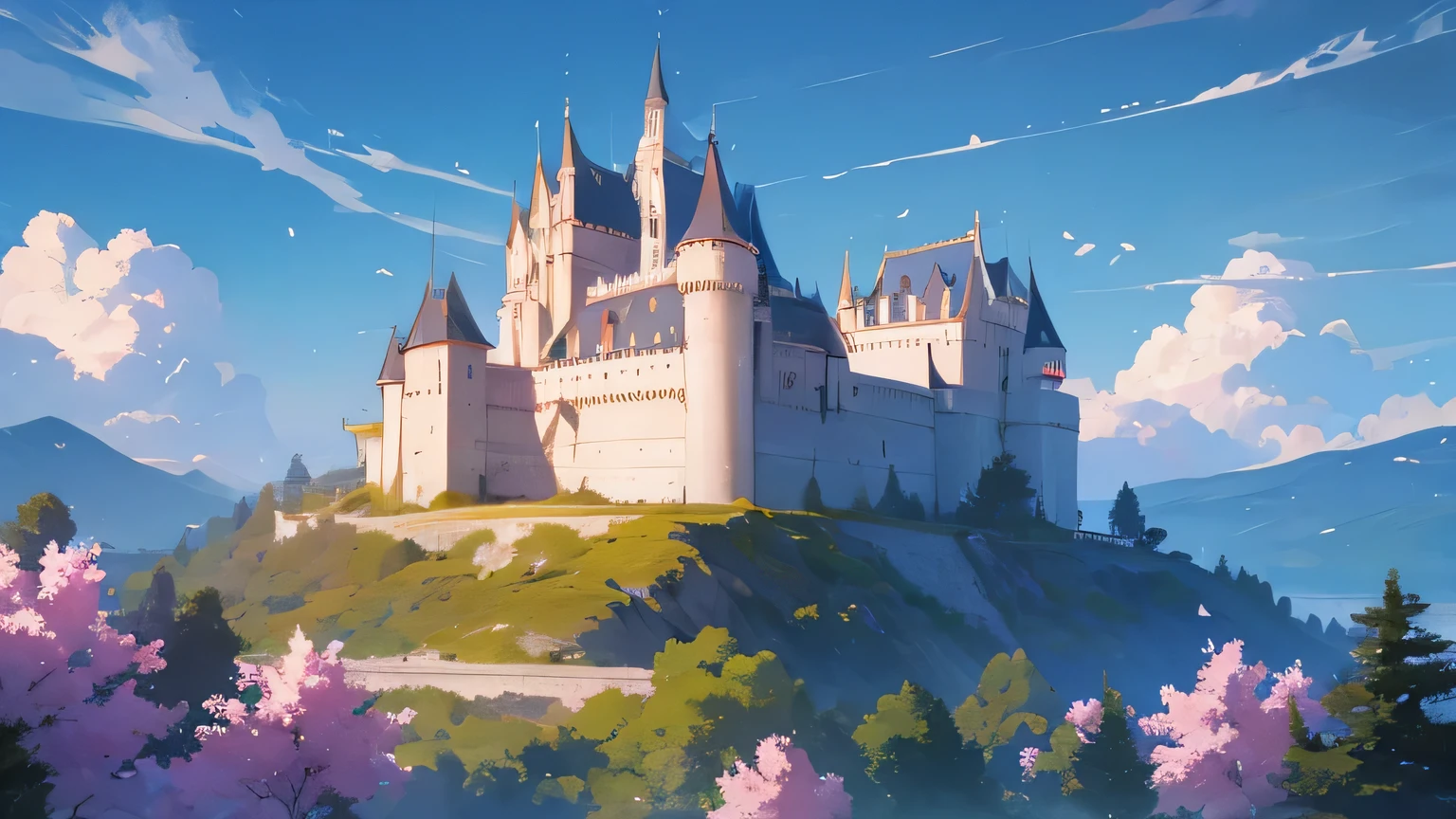 a big castle on the mountain, a wizards an whitches flying in the background with blooms