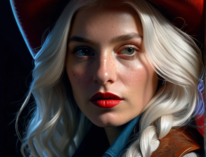 (front focus), (in the dark:1.6), Hyperrealist portrait of female by david hockney and alphonse mucha, fantasy art, photo realistic, dynamic lighting, artstation, poster, volumetric lighting, very detailed faces, 4 k, award winning, 1girl, in the dark, deep shadow, low key, cowboy shot, (official clothing:1.4), long hair, white hair