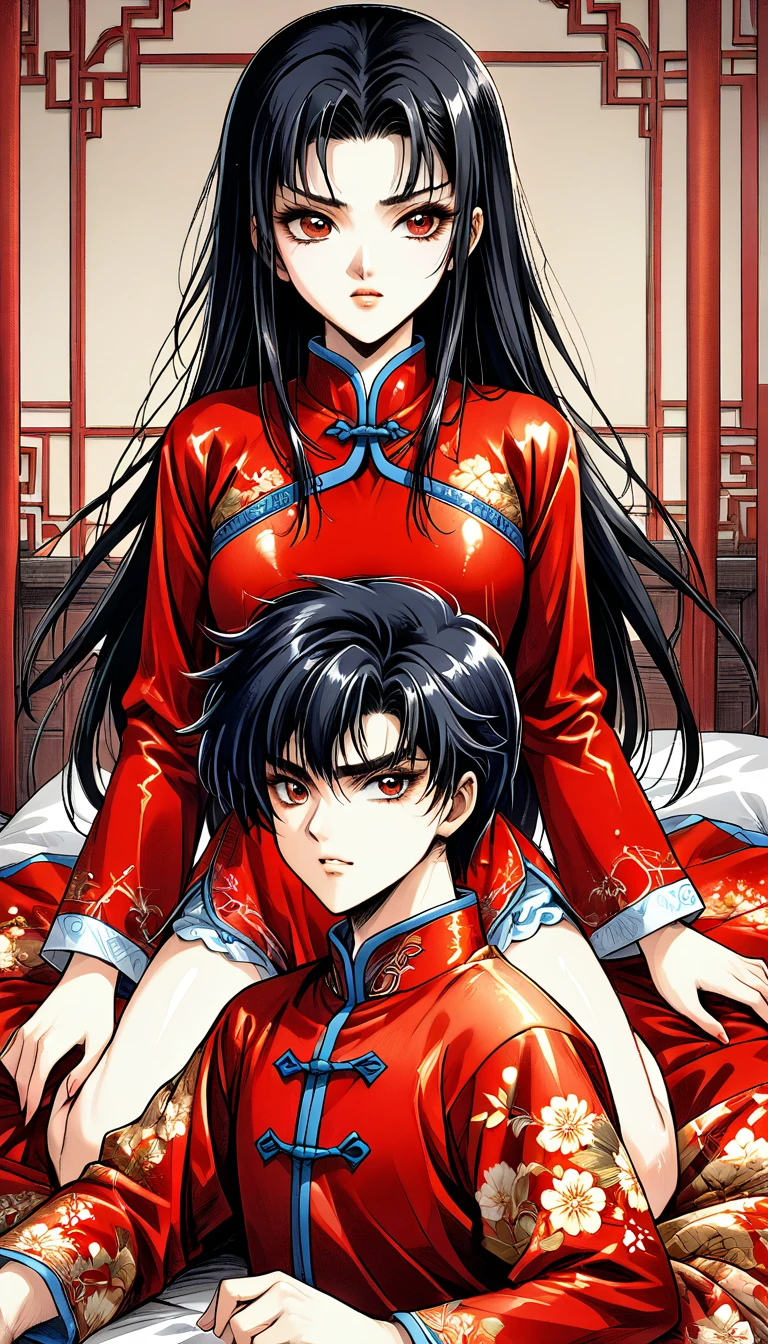 A tragic historical drama in 8k live-action style: Beautiful palace secrets　Beautiful Chinese Kung Fu Princess with long black hair has very intense sex with old Emperor　Gorgeous embroidery, Ultra glossy, She is wearing a shiny red top and bottom long sleeve floral pajama kung fu suit....　　