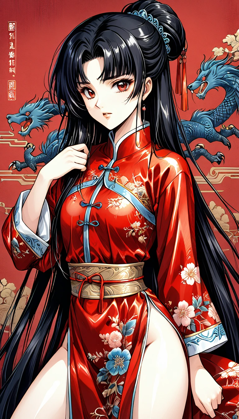 A tragic historical drama in 8k live-action style: Beautiful palace secrets　Beautiful Chinese Kung Fu Princess with long black hair has very intense sex with old Emperor　Gorgeous embroidery, Ultra glossy, She is wearing a shiny red top and bottom long sleeve floral pajama kung fu suit....　　