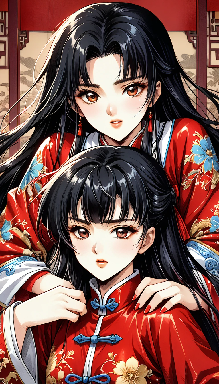 A tragic historical drama in 8k live-action style: Beautiful palace secrets　Beautiful Chinese Kung Fu Princess with long black hair has very intense sex with old Emperor　Gorgeous embroidery, Ultra glossy, She is wearing a shiny red top and bottom long sleeve floral pajama kung fu suit....　　