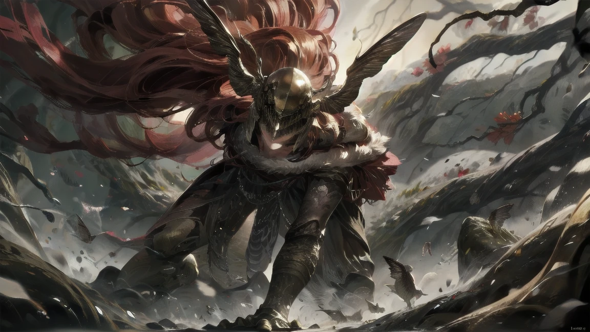 1 girl, ultra sharp image, beautiful figure, beautiful, full length (full body 1.1.), big tree in the background, slender legs, buttocks, slender legs, Wasp waist, sexy, fighting pose, fighting stance, only,helmet,light-skinned Женский, One, long curved sword in hand