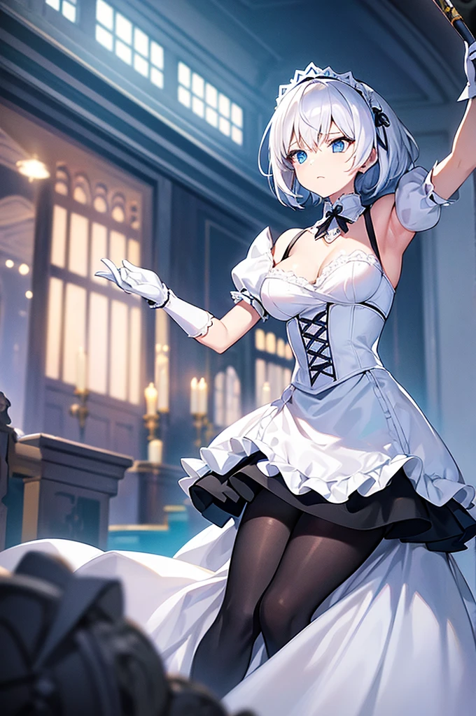 Content:
An anime woman with short, white hair and blue eyes is holding a musical conductor's baton. She is dressed in a maid costume with white gloves.

Medium:
Digital art, anime illustration.

Style:
Detailed character art inspired by classic anime and maid-themed character designs.

Lighting:
Soft, natural lighting to emphasize her delicate features and the details of her maid costume. Subtle highlights to bring out the shine in her blue eyes and the crispness of her white hair.

Colours:
A palette dominated by blacks, whites, and soft blues, creating a clean and refined look. The white of her hair and gloves stands out against the darker tones of her maid costume.

Composition:
A mid-shot focusing on the woman holding the conductor's baton. Her posture is elegant and poised, with one hand raised to direct and the other holding the baton. The background is a simple, muted color to keep the focus on her.