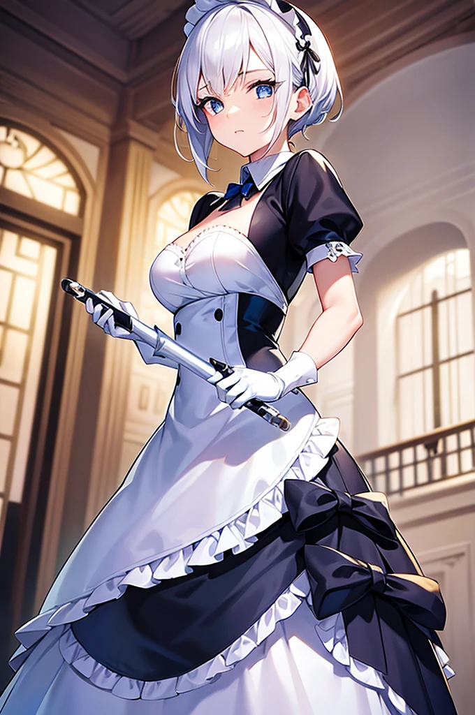 Content:
An anime woman with short, white hair and blue eyes is holding a musical conductor's baton. She is dressed in a maid costume with white gloves.
Medium:
Digital art, anime illustration.
Style:
Detailed character art inspired by classic anime and maid-themed character designs.
Lighting:
Soft, natural lighting to emphasize her delicate features and the details of her maid costume. Subtle highlights to bring out the shine in her blue eyes and the crispness of her white hair.
Colours:
A palette dominated by blacks, whites, and soft blues, creating a clean and refined look. The white of her hair and gloves stands out against the darker tones of her maid costume.
Composition:
A mid-shot focusing on the woman holding the conductor's baton. Her posture is elegant and poised, with one hand raised to direct and the other holding the baton. The background is a simple, muted color to keep the focus on her.