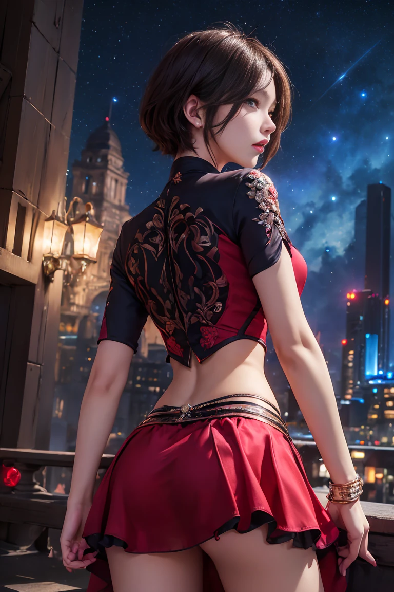 ((masterpiece)), (best quality),, official art, extremely detailed CG unity 8k wallpaper, highly detailed, shiny skin, Depth of field, vivid color,, 1girl, (curvy:0.4), (full body:0.6),, short hair, bangs, red eyes, skirt, looking at viewer, night, street, neon, looking back, star (sky), crowd, upper body,