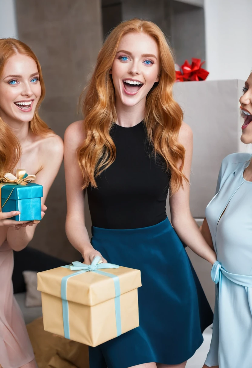 Redhead model with blue eyes, has birthday today, She is happy about your gifts, which are still packed, two model friends, with long blonde hair, laugh and hand over another gift.