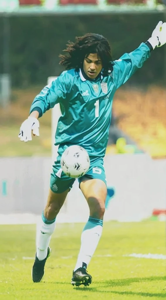 The image shows a soccer player in mid-action, kicking a soccer ball on the field.