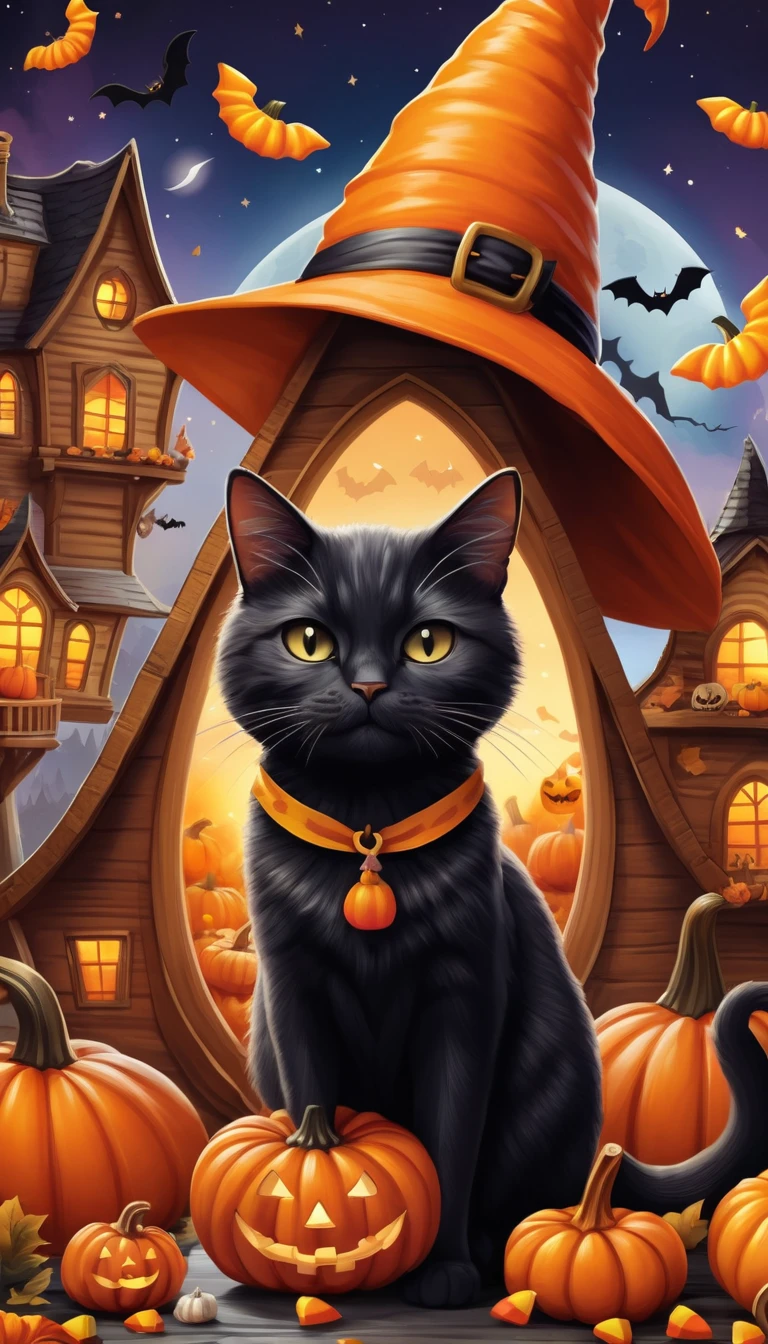 cute cartoonAF, cute cartoon, Masterpieces in up to 16K resolution, excellent quality, (A large sticker) On a modern refrigerator, designed as a whimsical Candy Corn Witch dressed in an outfit with candy corn and a holding a magical staff, Surrounded by some bizarre miniature elements,Like candy corn houses and cute, scary creatures, The overall design inspires awe, magic, 和Halloween奇迹.,Black Cat,pumpkin,Halloween