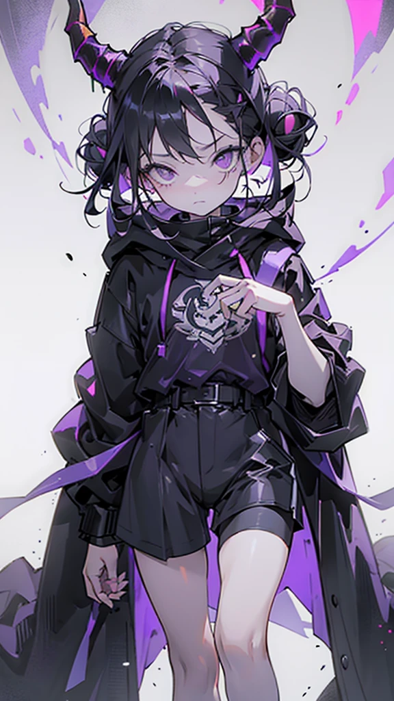 boy. thoughtful look. open forehead. black and purple hair tied in a bun on the left side to one side. sinuous black horns wrapped in dark purple ribbon. pale violet eyes. in short dark purple shorts. long white T-shirt. dark purple knee-high socks. dark purple long cloak with hood. view from the 100th floor of a cozy gray room