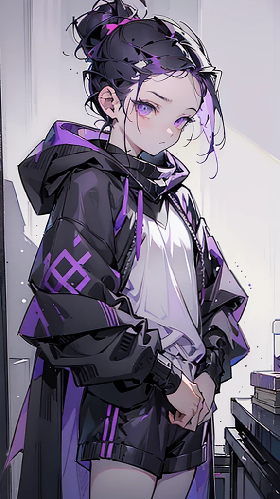 boy. thoughtful look. open forehead. black and purple hair tied in a bun on the left side to one side. sinuous black horns wrapped in dark purple ribbon. pale violet eyes. in short dark purple shorts. long white T-shirt. dark purple knee-high socks. dark purple long cloak with hood. view from the 100th floor of a cozy gray room