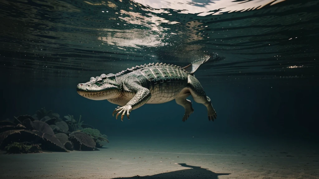 a crocodile is floating in the sea, the crocodile's legs are so long that they touch the bottom of the water