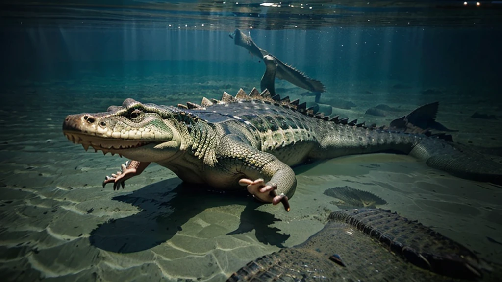 a crocodile is floating in the sea, the crocodile's legs are so long that they touch the bottom of the water