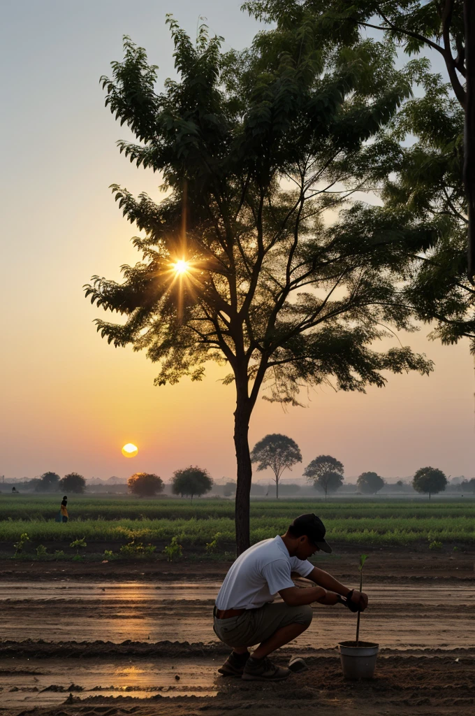 Background: A sunrise with a person planting a tree or working on a project.