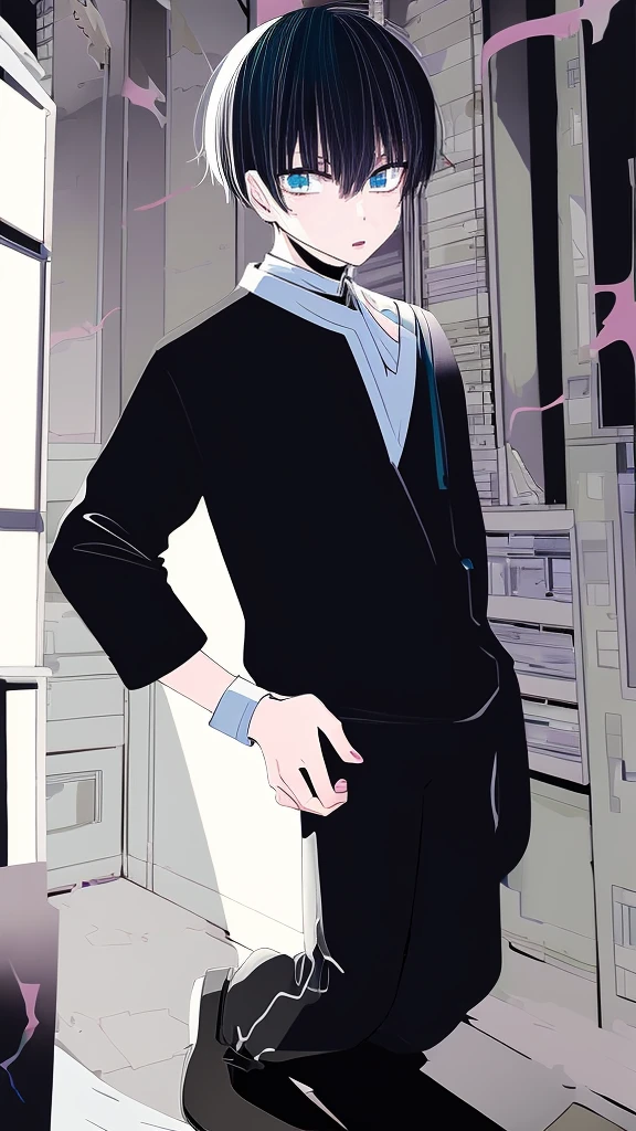 Full Body,Anime - Style image of a man in black and white shirt and pants, Beautiful anime poses, Tall anime boy with blue eyes, Full body portrait de un corto!, Male anime style, Full body anime illustration, Anime Youth, !!Full body portrait!!, inspired by Itō Ogura Yonesuke, inspired by Okumura Masanobu