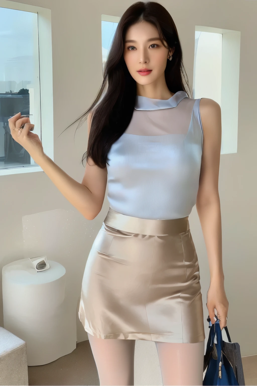 A woman in her fifties taking a photo wearing a blue top and brown skirt, Wear a cute top, korean female fashion model, wear tight, simple clothes, Sleeveless tops, Casual clothing style, Casual modern fashion, Wearing a tank top and skirt, Interesting outfits, Wearing elegant clothes, See through, Thin waist and thick hips, Wear elegant casual clothes、((H-cup bust))、((silk pantyhose))、(Highest quality、Ultra-high resolution、masterpiece、8K)、((Delicate face、Detailed face and eyes、Balanced eyes、High definition eyes、double eyelid、Glossy lips))