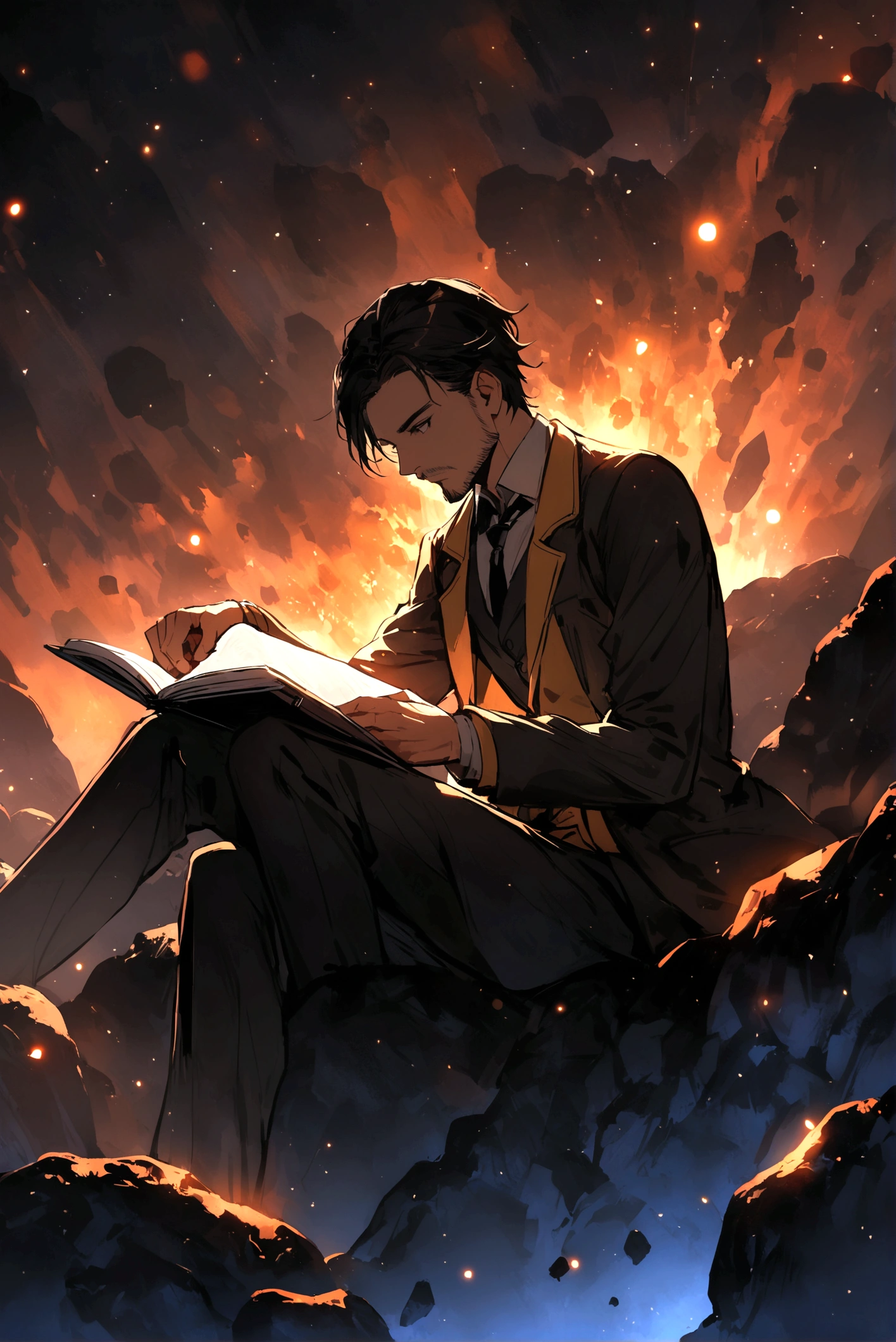 Draw a young programmer, sitting on a research platform floating in the middle of an asteroid belt. He is studying with a notebook, surrounded by several asteroids glowing with fiery auras. Dramatic lighting from distant stars and planets illuminates the scene, casting deep shadows on the suit. The young man looks confident and determined, looking at the vast and mysterious universe with wonder and respect,facial hair, cowboy shot,