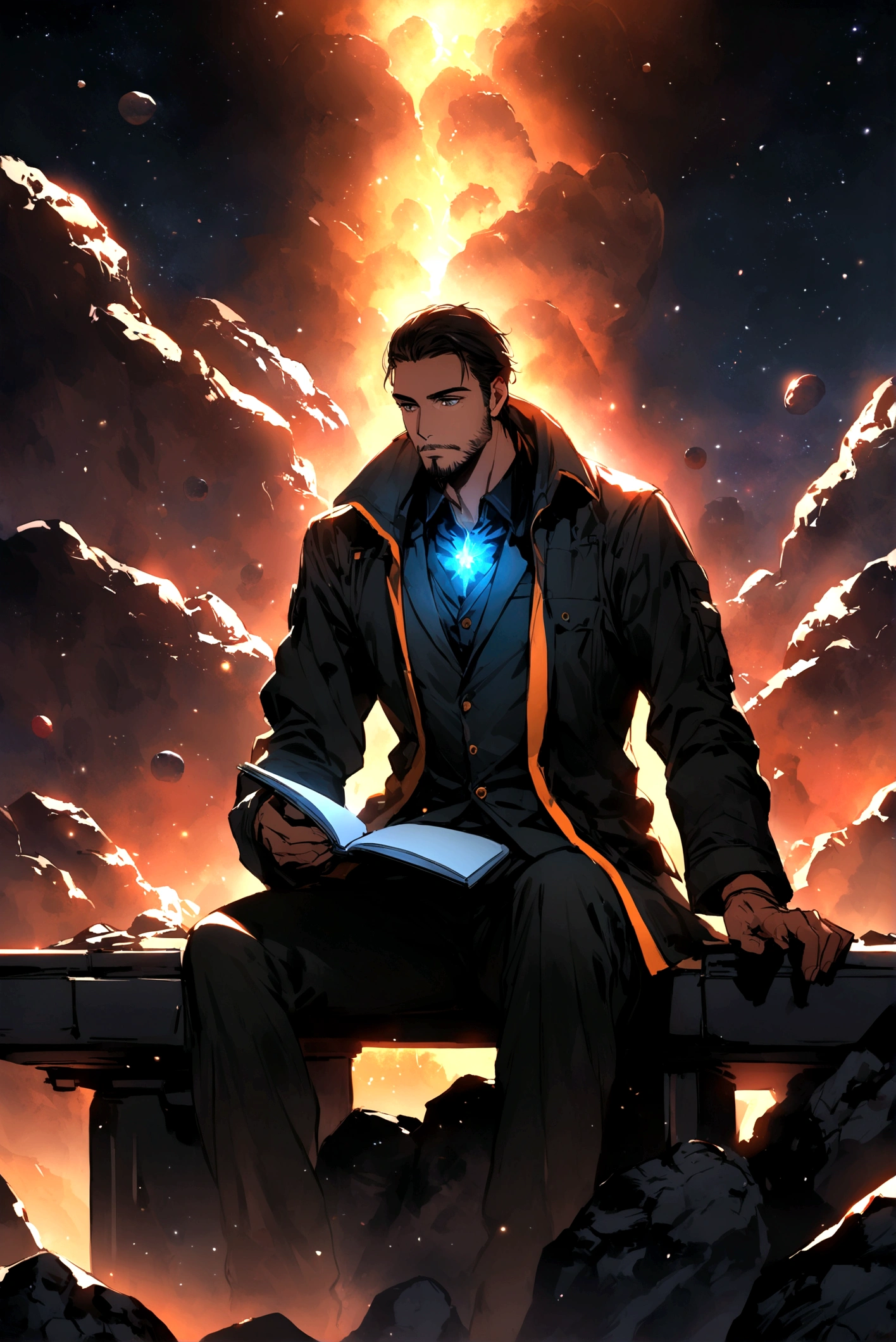 Draw a young programmer, sitting on a research platform floating in the middle of an asteroid belt. He is studying with a notebook, surrounded by several asteroids glowing with fiery auras. Dramatic lighting from distant stars and planets illuminates the scene, casting deep shadows on the suit. The young man looks confident and determined, looking at the vast and mysterious universe with wonder and respect,facial hair, cowboy shot,