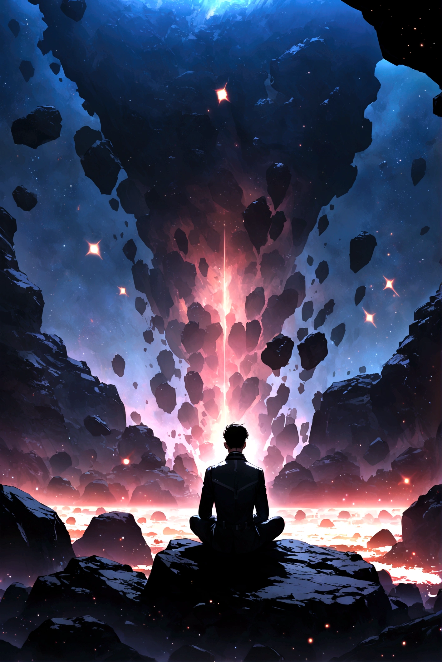 Draw a young programmer, sitting on a research platform floating in the middle of an asteroid belt. He is studying with a notebook, surrounded by several asteroids glowing with fiery auras. Dramatic lighting from distant stars and planets illuminates the scene, casting deep shadows on the suit. The young man looks confident and determined, looking at the vast and mysterious universe with wonder and respect,facial hair, cowboy shot,