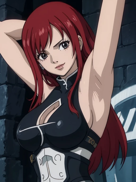 Best quality, masterpiece, ultra high res, 1girl, sexy, in the dark, deep shadow, low key, cold light, milf, red long hair, dynamic light, cinematic lighting, cinematic lighting, down blouse, mature woman, middle parted hair, armor suit,natural breast, upper body, milf, erza scarlet, simple smile, armpits visible, detailed armpit
