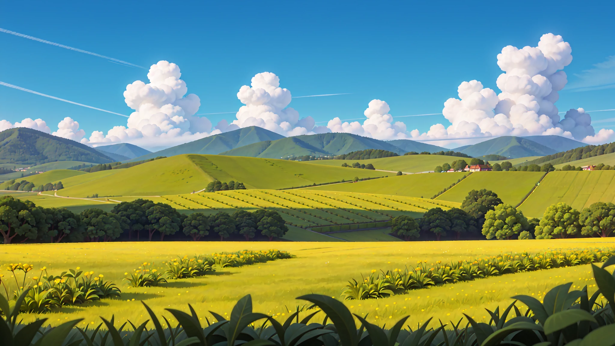 green flower field，In the distance, I can see blue sky and white clouds.