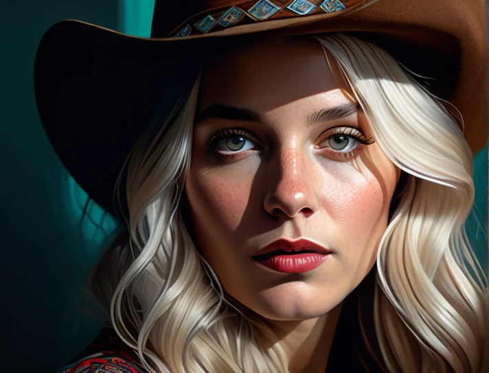 (front focus), (in the dark:1.6), Hyperrealist portrait of female by david hockney and alphonse mucha, fantasy art, photo realistic, dynamic lighting, artstation, poster, volumetric lighting, very detailed faces, 4 k, award winning, 1girl, in the dark, deep shadow, low key, cowboy shot, (official clothing:1.4), long hair, white hair