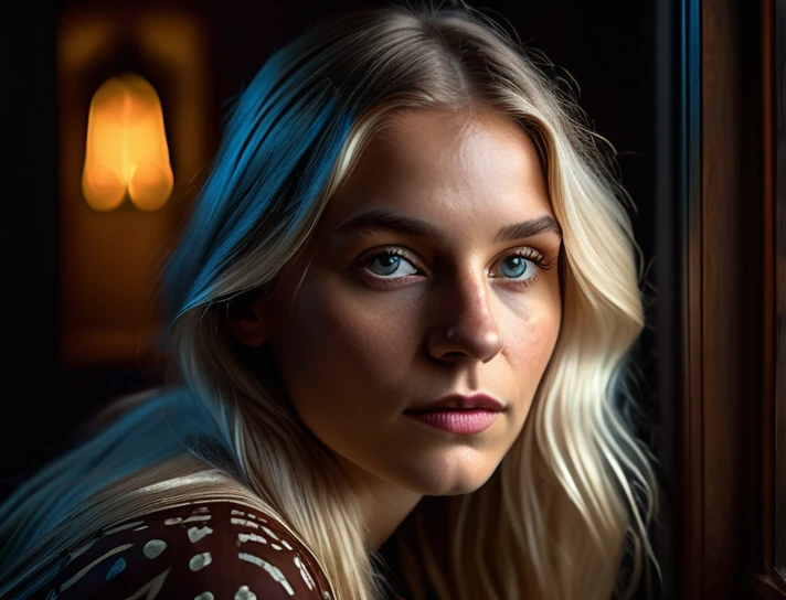 (front focus), (in the dark:1.6), Hyperrealist portrait of female by david hockney and alphonse mucha, fantasy art, photo realistic, dynamic lighting, artstation, poster, volumetric lighting, very detailed faces, 4 k, award winning, 1girl, in the dark, deep shadow, low key, cowboy shot, (official clothing:1.4), long hair, white hair