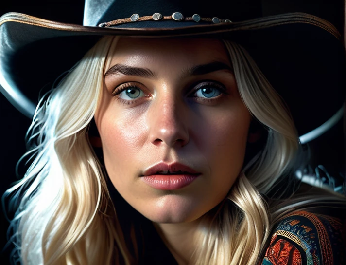 (front focus), (in the dark:1.6), Hyperrealist portrait of female by david hockney and alphonse mucha, fantasy art, photo realistic, dynamic lighting, artstation, poster, volumetric lighting, very detailed faces, 4 k, award winning, 1girl, in the dark, deep shadow, low key, cowboy shot, (official clothing:1.4), long hair, white hair