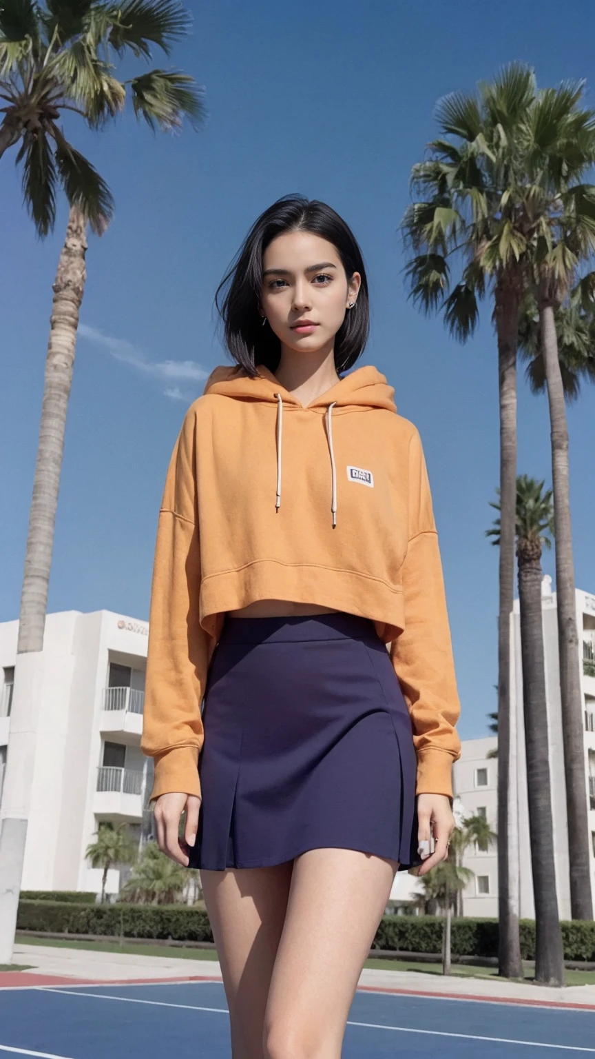 long shot portrait of cute 23 yo girl, (natural breast) ,wear ((orange color oversized hoodie)), wear ((purple tennis skirt)),looking front,Best Quality,Masterpiece,Ultra High Resolution,(Realisticity:1.4),Original Photo, 1Girl, light leak,ultra high resolution,UHD,beautiful, (black bob hair), almond eye, no makeup, in front of (80's mondrian architecture motel), (realistic:1.2), (surreal:1.3), (very detailed:1.1), ((masterpiece)),summer, blue sky, palm trees,sunny, los angles vibes,film camera, 800mm lens,style of Philip Lorca diCorcia