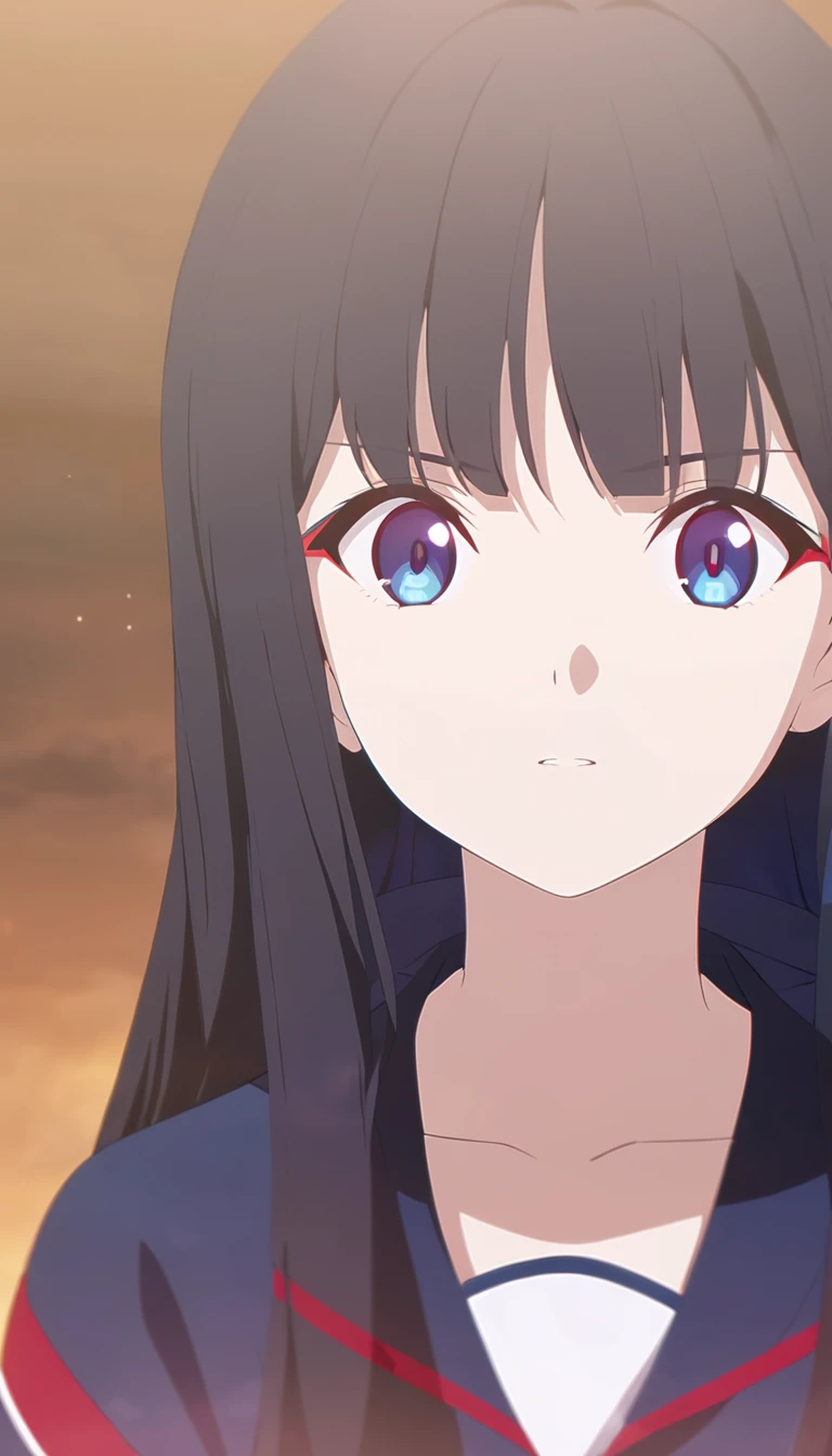 girl, anime, long hair with red and blue lines, pretty eyes, black hair