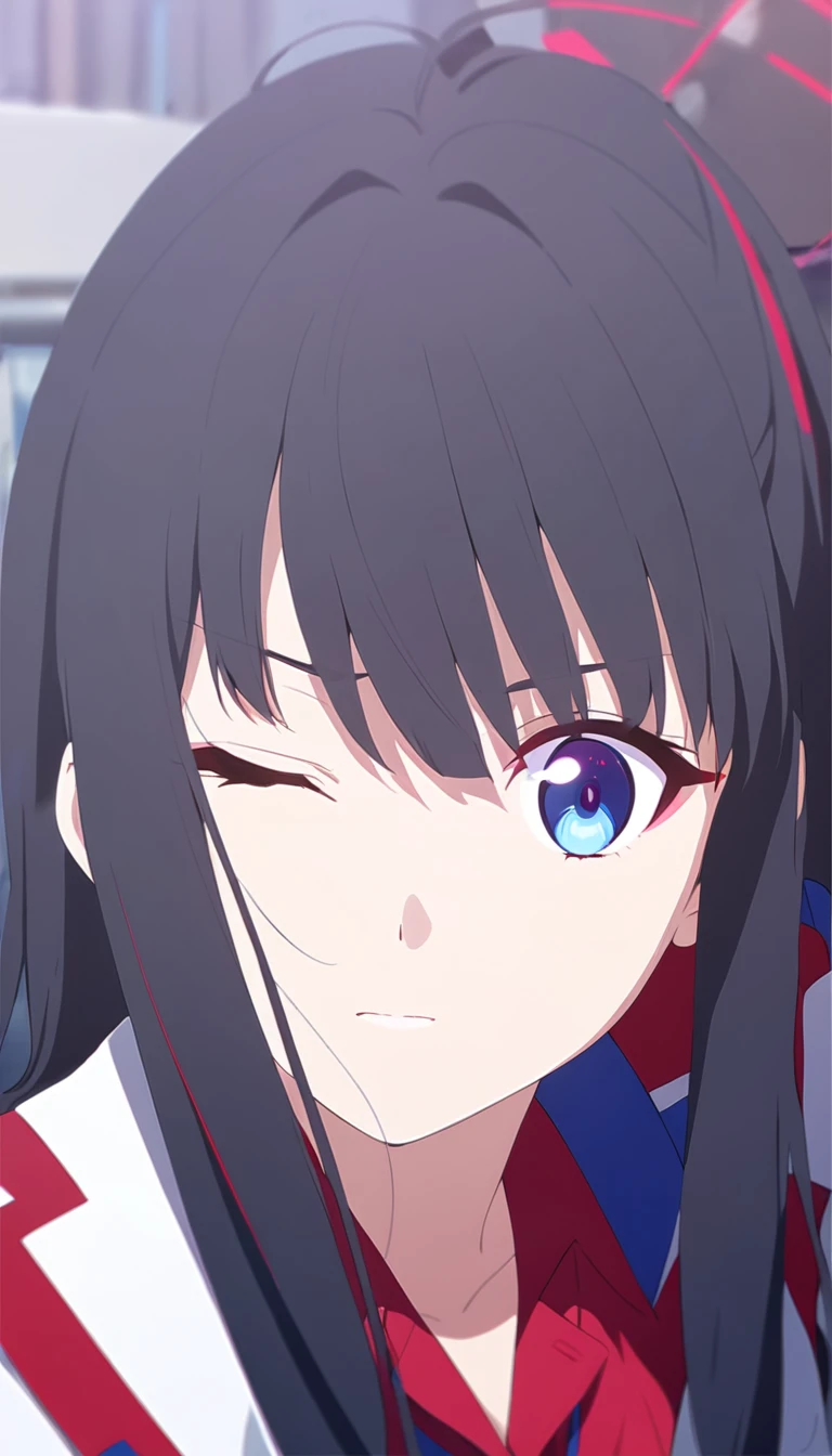 girl, anime, long hair with red and blue lines, pretty eyes, black hair 