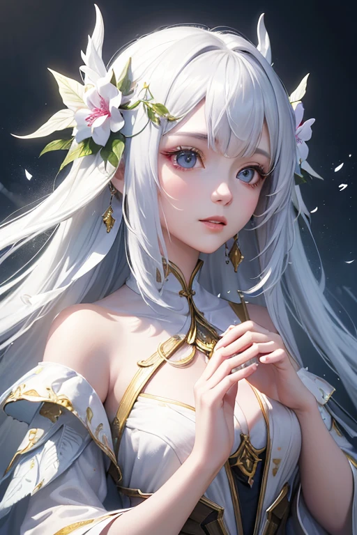Best quality, tmasterpiece, White hair, green-eyed, sistineFibeldef, Sistine Fibel Lund, head looking up, The upper part of the body,White-pink clothes