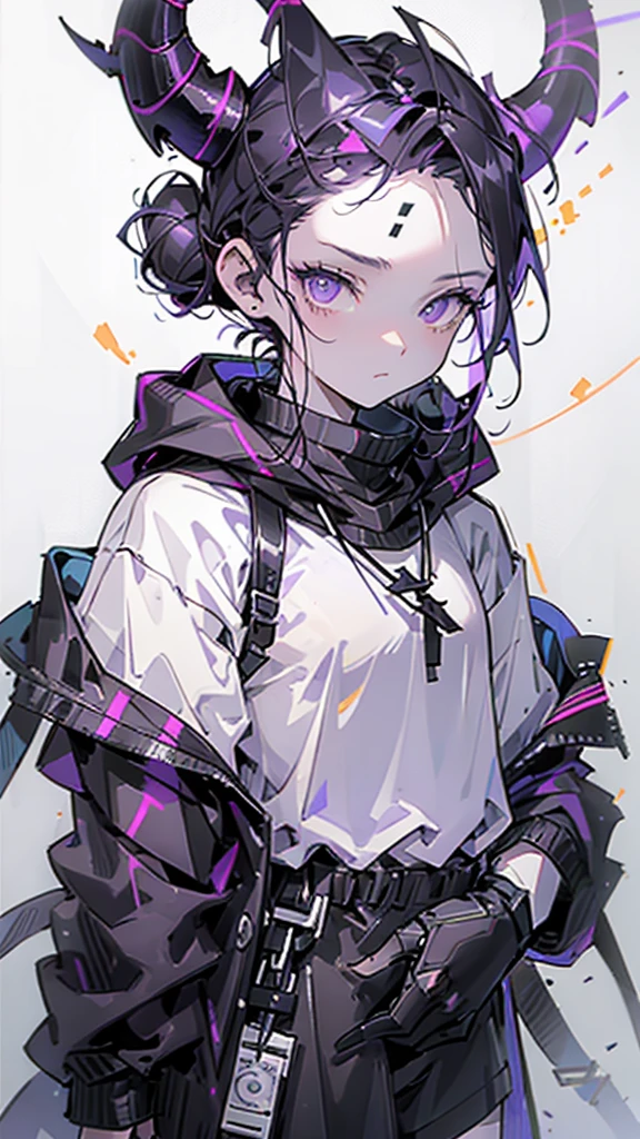 boy. thoughtful look. open forehead. black and purple hair tied in a bun on the left side to one side. sinuous black horns wrapped in dark purple ribbon. pale violet eyes. in short dark purple shorts. long white T-shirt. dark purple knee-high socks. dark purple long cloak with hood. view from the 100th floor of a cozy gray room