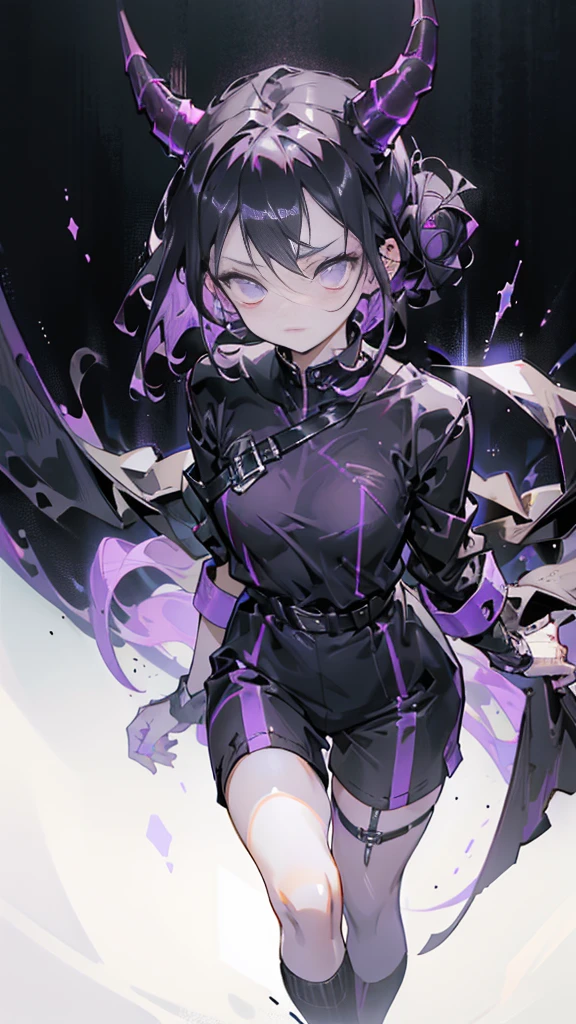 boy. thoughtful look. open forehead. black and purple hair tied in a bun on the left side to one side. sinuous black horns wrapped in dark purple ribbon. pale violet eyes. in short dark purple shorts. long white T-shirt. dark purple knee-high socks. dark purple long cloak with hood. view from the 100th floor of a cozy gray room