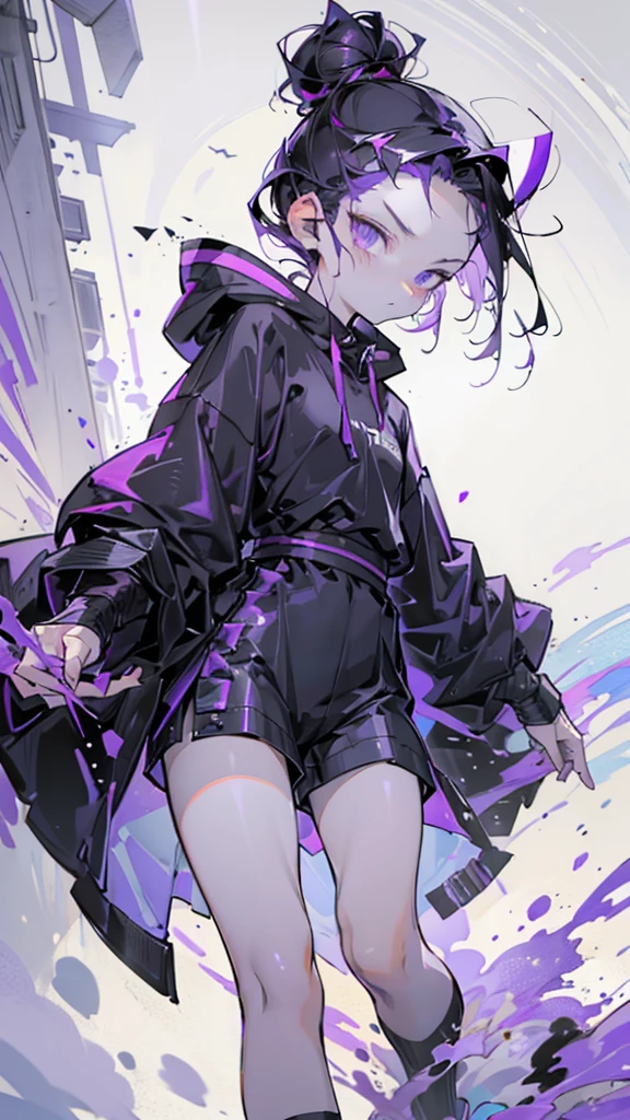 boy. thoughtful look. open forehead. black and purple hair tied in a bun on the left side to one side. sinuous black horns wrapped in dark purple ribbon. pale violet eyes. in short dark purple shorts. long white T-shirt. dark purple knee-high socks. dark purple long cloak with hood. view from the 100th floor of a cozy gray room