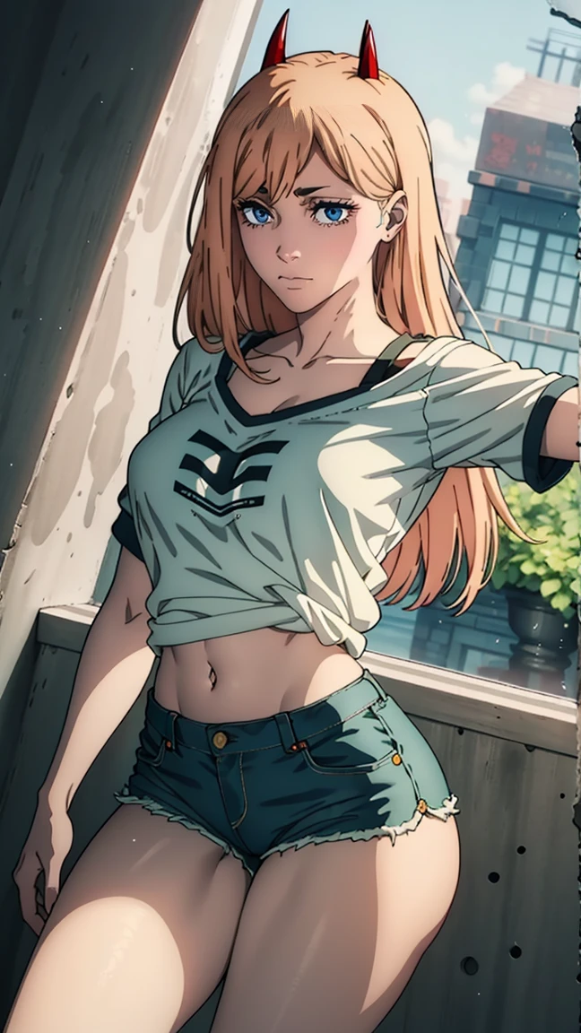 ultra sharp image, beautiful figure, beautiful, full length (full body 1.1.), slender legs, buttocks, slender legs, Wasp waist, erotica, sexy pose, Mouth open in a smile, sharp teeth, laughing, yellow eyes, ultra detailed face, Ultra transparent, Chainsaw Man Energy, Two red sharp horns on the head, ultra sharp image, very beautiful, long hair, blonde, beautiful figure, tight clothes, T-shirt with the image of a cat, denim shorts, shoes, Red crosses and circles instead of pupils, Beautiful body, sexy clothes, Beautiful eyes, very detailed eyes, Very detailed face, Beautiful body, Chereter Design, Very detailed, detailed body, detailed hands, detailed, bright, detailed Face, sharp focus, clap, Artgerm, anime art, bright, detailed Face, Hugh Details, sharp focus, Very downcast face, detailed eyes, Super lovely illustration, best shadow, finely detail, beautiful detail