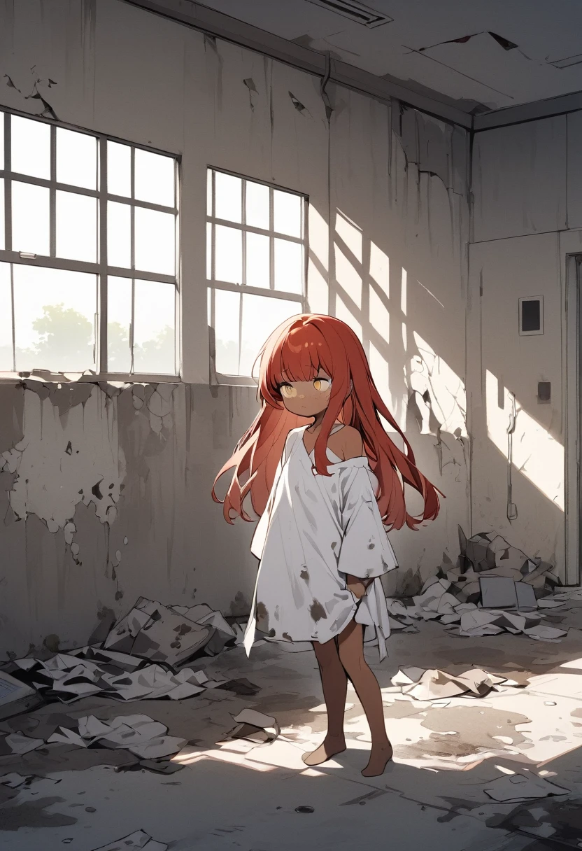 full body,1 girl, Android girl, (cute:1.3),red Hair, long hair,left eye yellow, right eye blus, tan skin, freckles, {Bare shoulders, oversized torn hospital gown, old, dirty material, emotionless eyes, sad face, no shoes, abandoned hospital 
