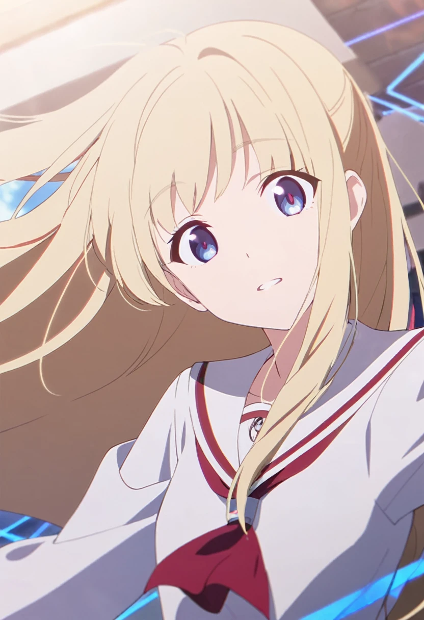 girl, anime, long hair with red and blue lines, pretty eyes, Blonde,whole body, teen