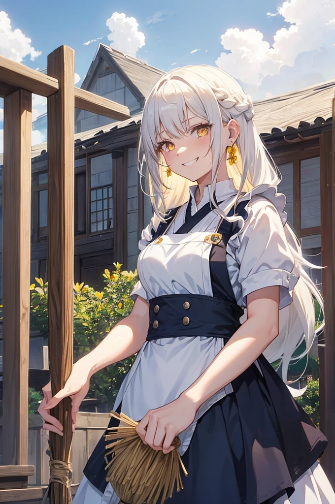 a female anime character  and white hair wearing an apron and a witch have, One Girl,  alone, broom, have, blonde, witch have, smile, Yellow Eyes, apron, Long Hair, null, View your audience, Outdoor, Grin, Braiding, cloud, Earrings, Short sleeve, blue null, Day