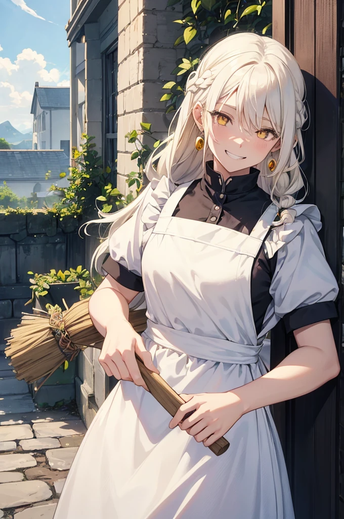 a female anime character and white hair wearing an apron and a witch have, One Girl, alone, broom, have, blonde, witch have, smile, Yellow Eyes, apron, Long Hair, null, View your audience, Outdoor, Grin, Braiding, cloud, Earrings, Short sleeve, blue null, Day