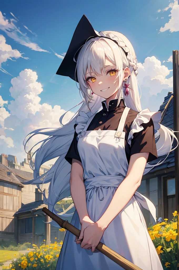a female anime character and white hair wearing an apron and a witch have, One Girl, alone, broom, have, blonde, witch have, smile, Yellow Eyes, apron, Long Hair, null, View your audience, Outdoor, Grin, Braiding, cloud, Earrings, Short sleeve, blue null, Day